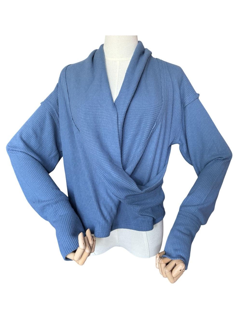 Mono B NWT Blue Ribbed Knit Surplice Twist-Front Dolman Sleeve Top Size L